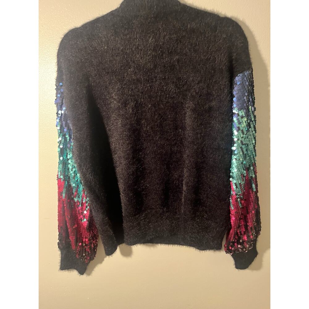 Listicle Sequin Sleeve Fuzzy Pullover Sweater Black